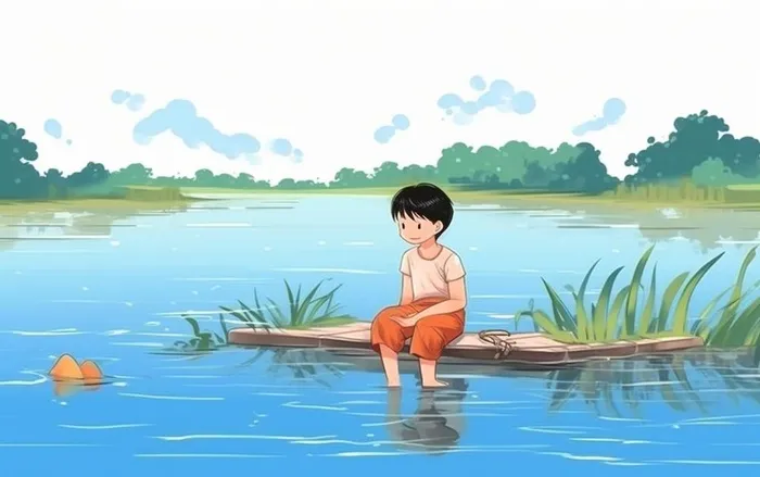 夏日卡通男孩坐着河边嬉水插画背景(1376x864)