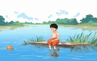 夏日卡通男孩坐着河边嬉水插画背景