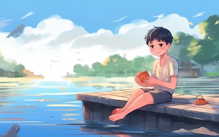 夏日卡通男孩坐着河边嬉水插画背景(1376x864)