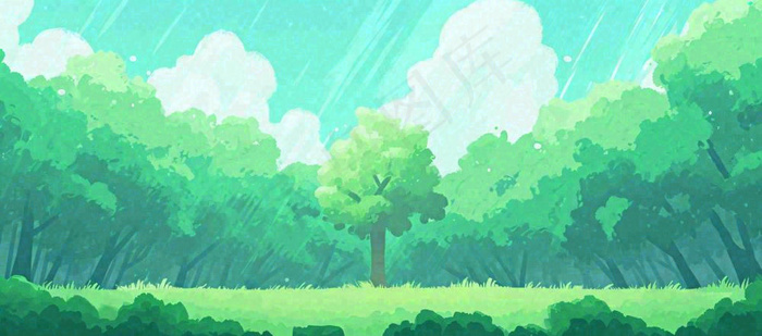 春天绿色插画手绘森林草地，白云阳光