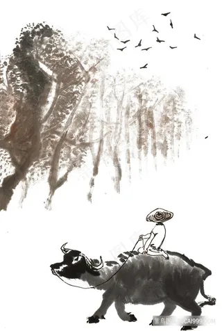 牧童骑牛黑白清明节插画