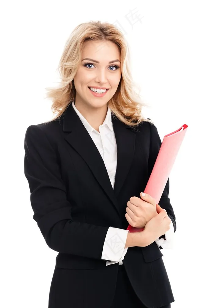 手拿红色文件夹的金发女职员高清图