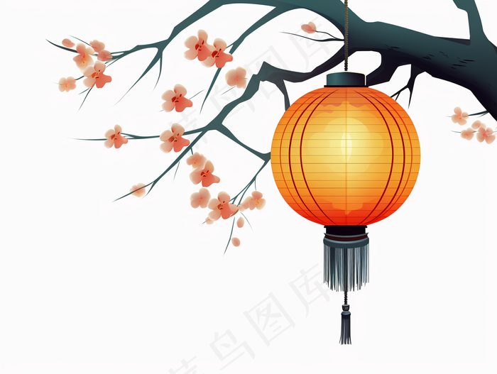 古风树枝挂灯笼花枝头插画素材(3696x2784)