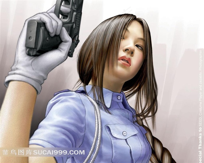 拿枪的黑发美女插画