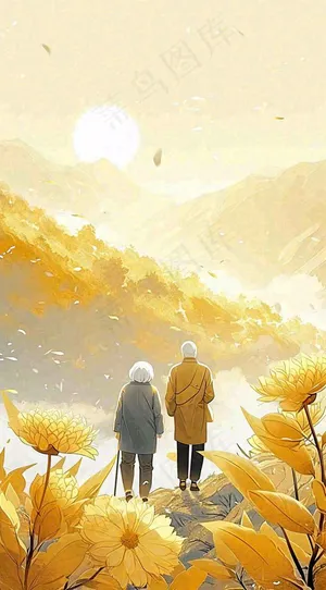 端午节老人相伴到老，菊花黄色花朵，落日山脉