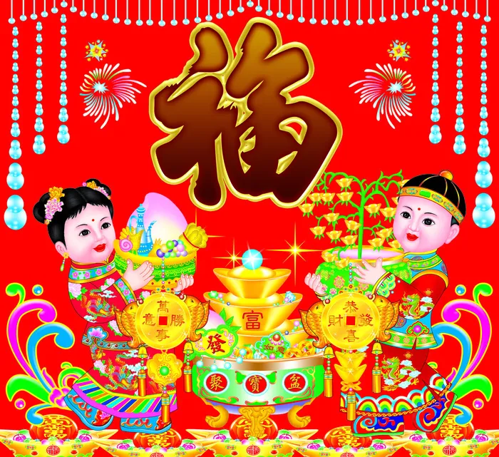 新年富贵童子红色背景