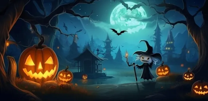 万圣节夜晚坟墓恐怖月色树林插画蓝黑色背景(1568x768)