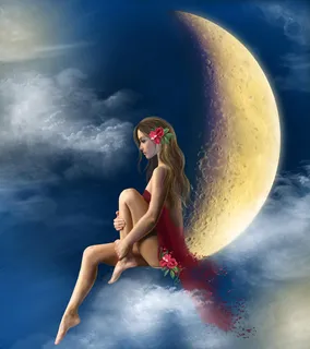 坐在月亮上的美女图片素材