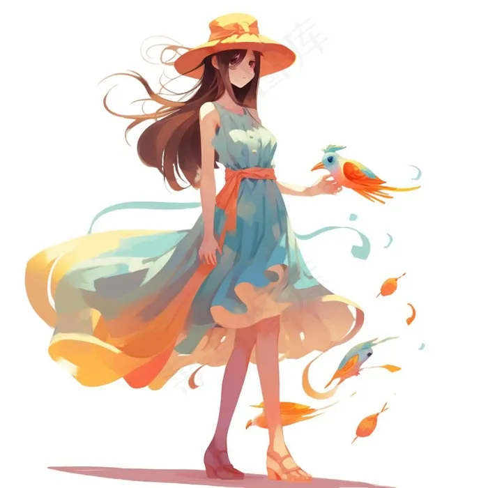 秋日美丽的少女油画插画免抠(1024x1024)