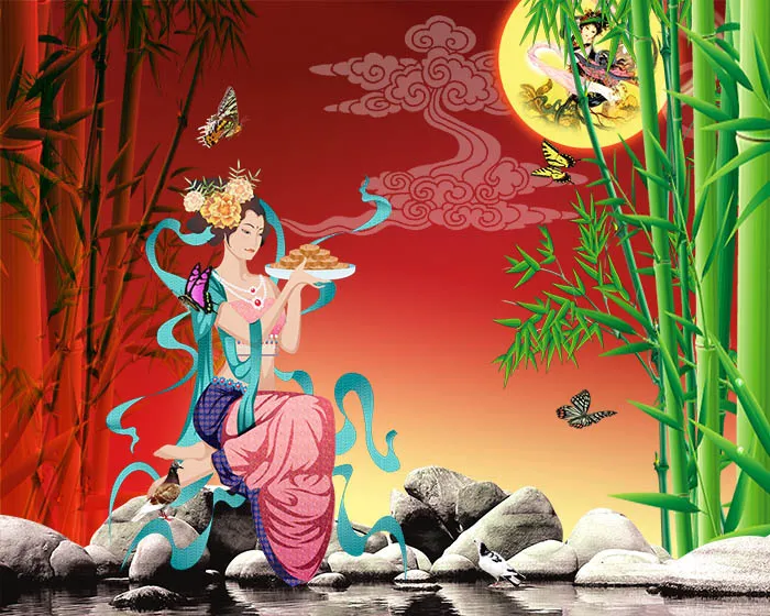 中秋节快嫦娥月亮红色背景