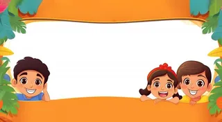 学生孩子们趴着墙上植物橙色边框背景