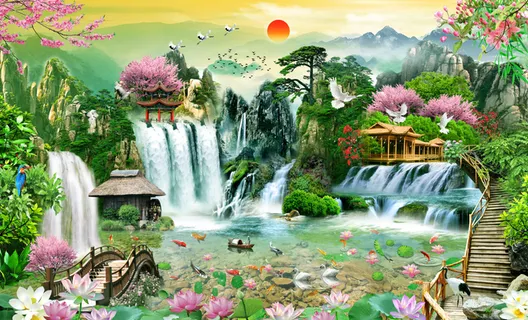 流水生财木桥荷花木房风景 流水生财木桥荷花木房风景