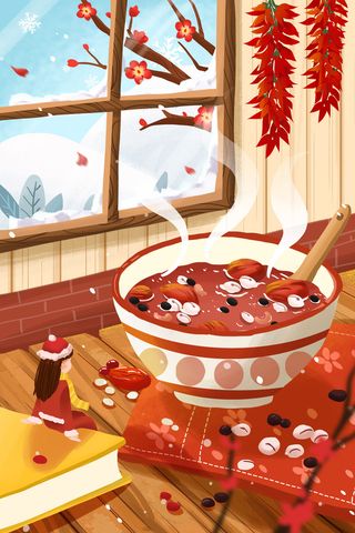 中国传统节日手绘卡通腊八节腊八粥插画海报PSD格式设计素材