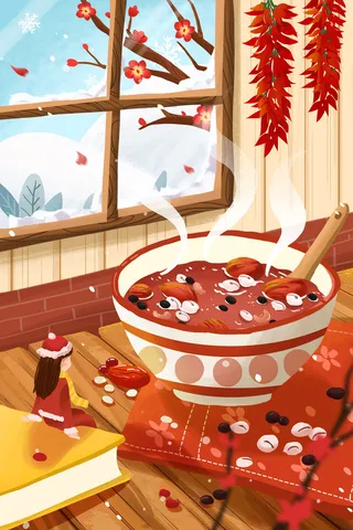 中国传统节日手绘卡通腊八节腊八粥插画海报PSD格式设计素材