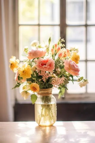 阳光下的透明花瓶插着鲜花美丽摄影图