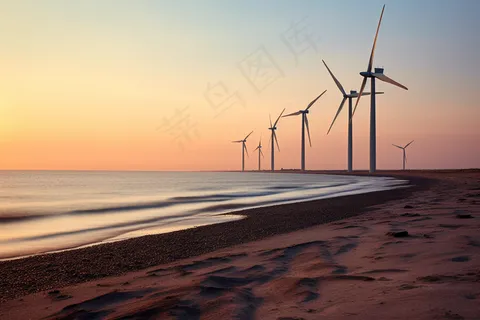 海边日落风车风景摄影图 