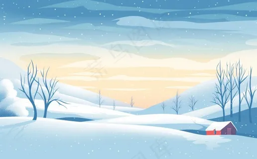 冬天乡村雪地里的房子雪景白雪卡通插画背景