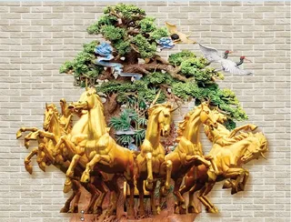 雕塑钻石金色八马背景墙