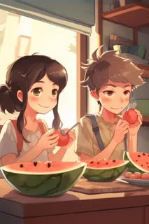 夏日卡通插画儿童吃西瓜动漫风背景 夏日卡通插画儿童吃西瓜动漫风背景