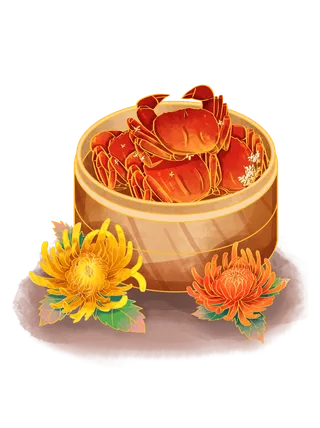 中秋节大闸蟹菊花立秋分餐饮美精致手绘免扣