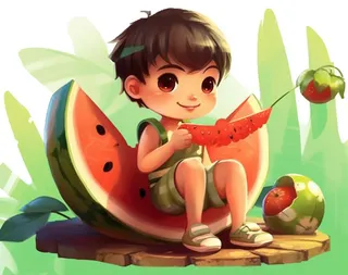 男孩和西瓜插画免抠