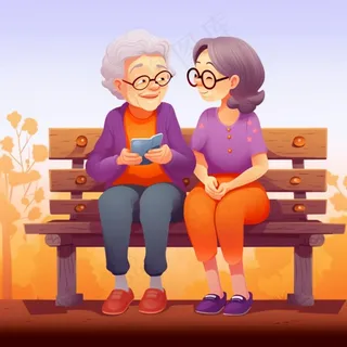老人孩子陪伴温馨秋重阳节插画素材