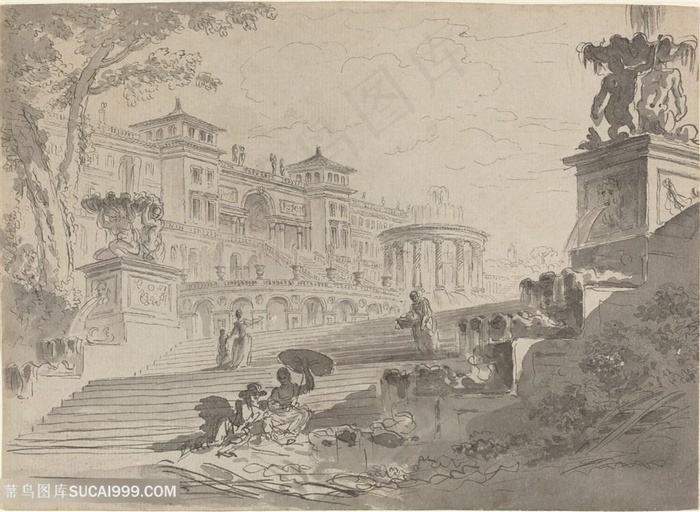 手绘建筑复古建筑装饰画挂画