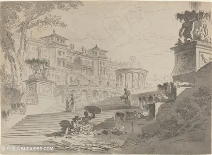 手绘建筑复古建筑装饰画挂画