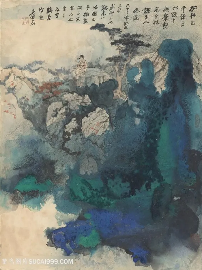 张大千泼墨山脉人物国画图片