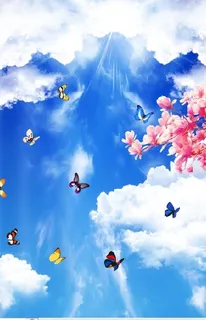蓝天白云花卉蝴蝶背景墙 蓝天白云花卉蝴蝶背景墙