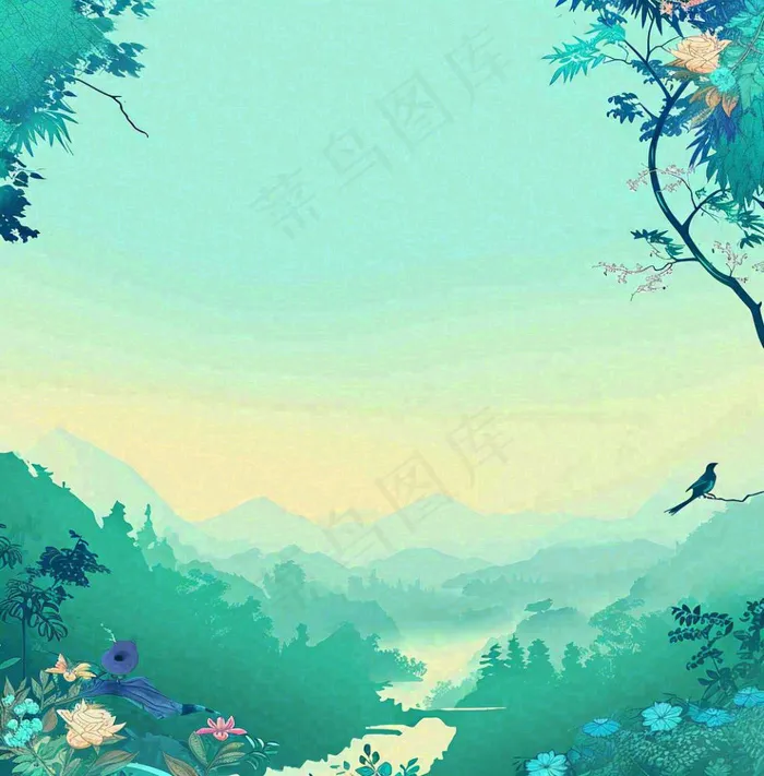春天山脉小溪河流花丛绿植清新手绘插画，春分惊蛰(1024x1040)