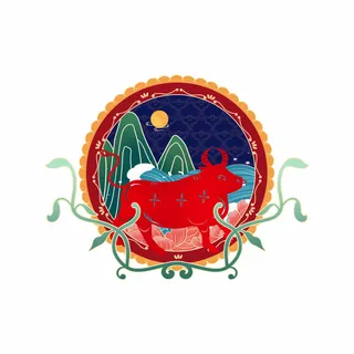 中国风国潮十二生肖牛手绘烫金插画春节剪纸元素PSD设计素材