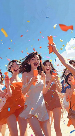 夏日阳光沙滩狂欢玩耍，音乐舞蹈缤纷烟花手绘插画