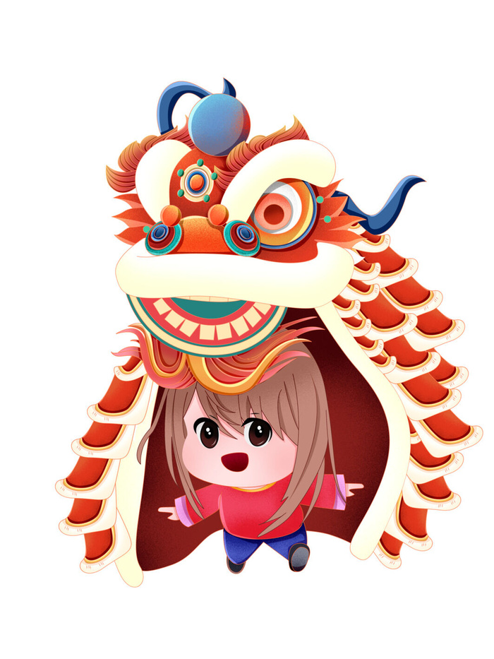 新年春节虎年元宵手绘人物舞狮卡通狮子头插画元素PSD设计素材