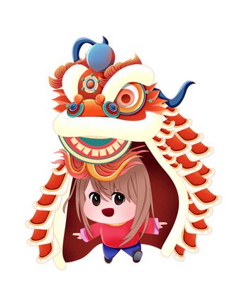 新年春节虎年元宵手绘人物舞狮卡通狮子头插画元素PSD设计素材