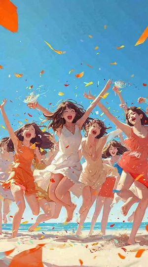 夏日阳光沙滩狂欢玩耍，音乐舞蹈缤纷烟花手绘插画