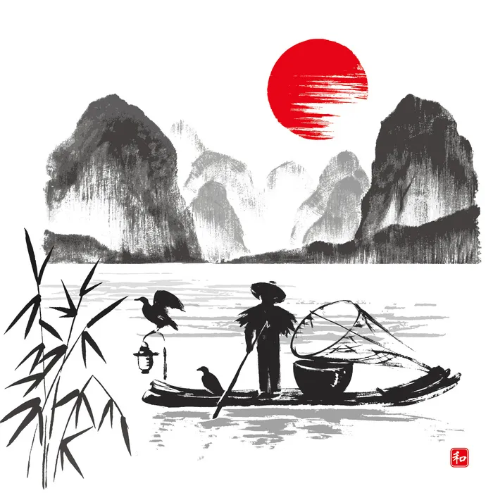 中国山水画水墨图案素材03ai矢量模版下载