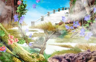 梦幻仙境 山 草地 石头 桥 云雾 动物