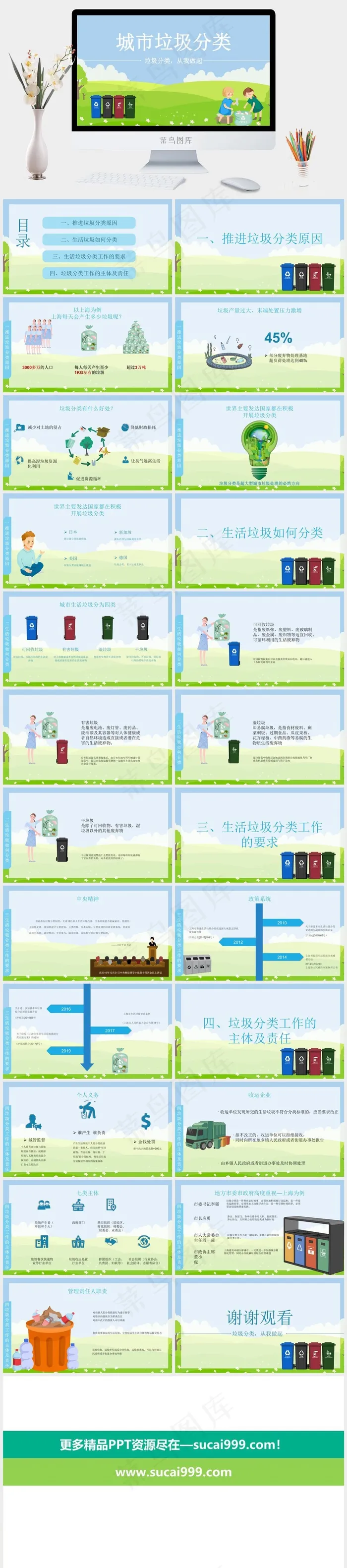 蓝色绿色卡通风营销PPT模板