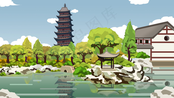 古风建筑插画psd模版下载