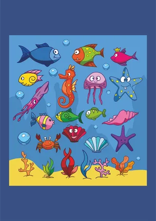 蓝色系海底世界贝壳花落海马章鱼乌贼海星