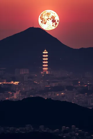 月圆之日夜晚城市上空的月亮摄影图