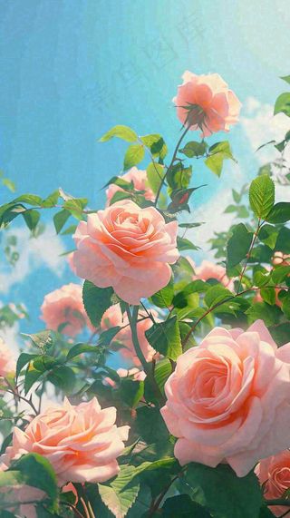 春天蓝天白云阳光下的粉色玫瑰花朵，谷雨立夏