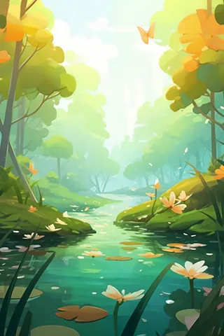 黄绿色荷花池温馨插画背景