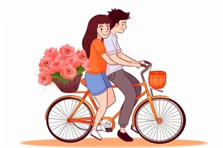 520情人节情侣骑车花束浪漫插画素材背景