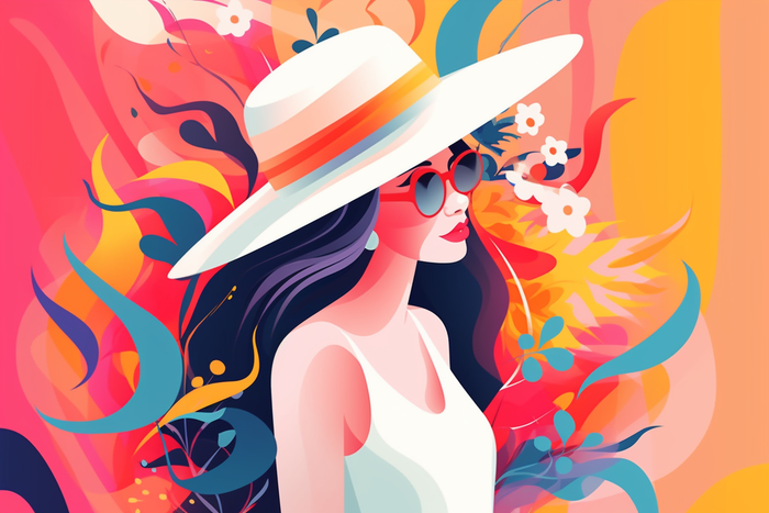 绚丽多彩戴帽子的女生背后的颜料色彩卡通插画