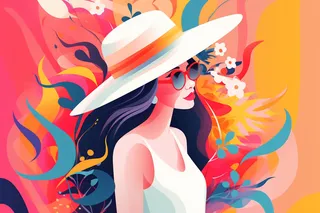 绚丽多彩戴帽子的女生背后的颜料色彩卡通插画