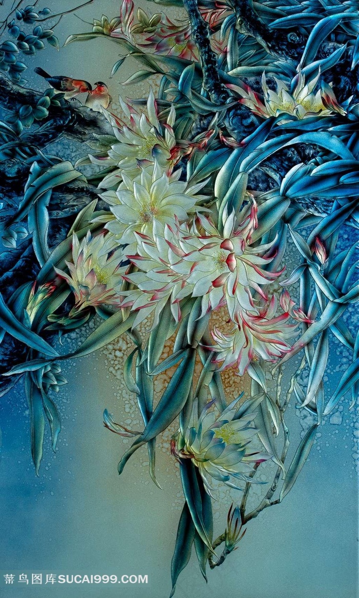 蓝色背景浮雕花鸟图