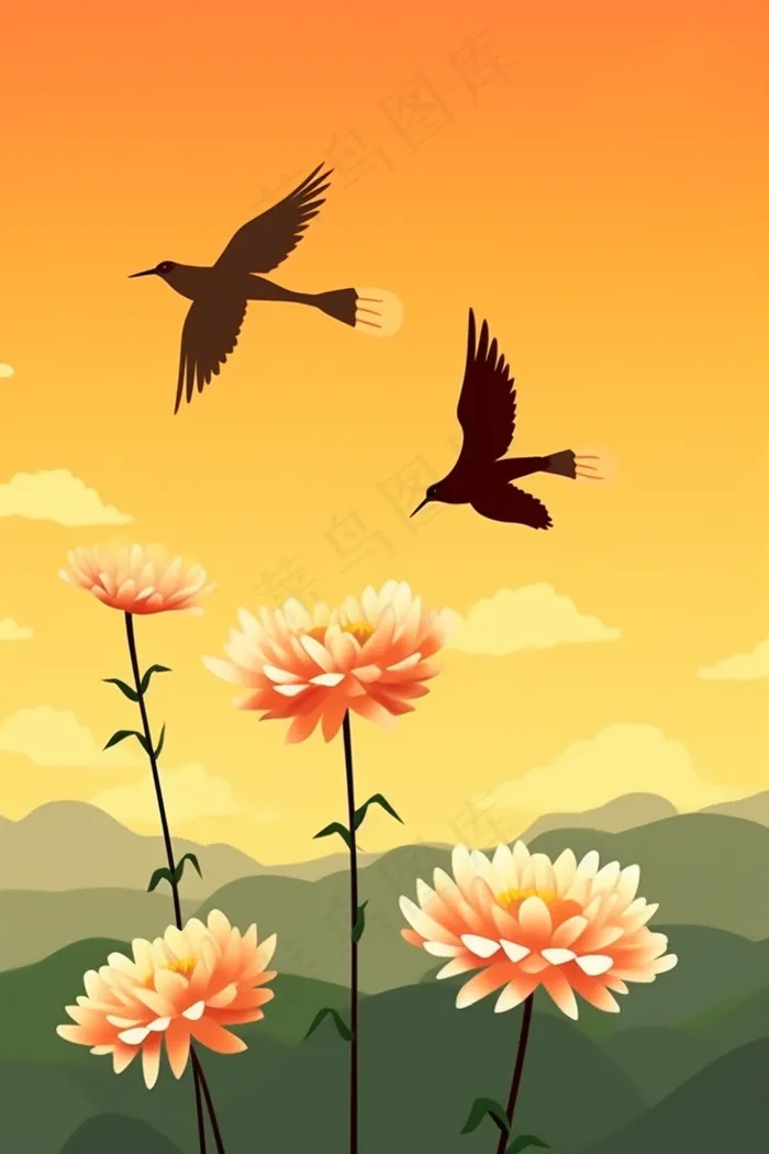 秋季鲜花盛开菊花仙鹤鸟重阳素材插画背景(x)