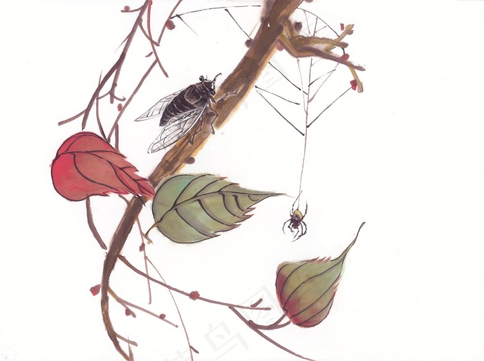 昆虫花草中国画图片素材